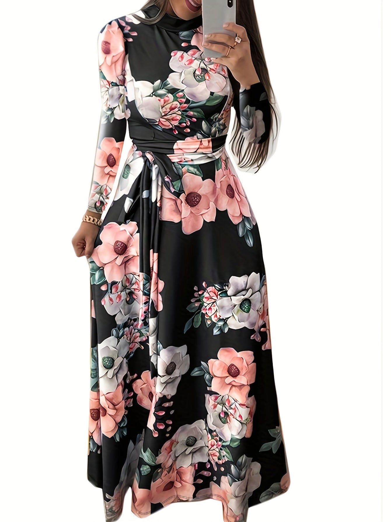 Floral Print Maxi Dress Women's Plus Round Neck Fit And Flare