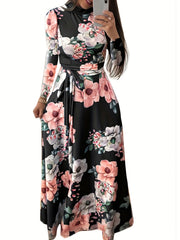 Floral Print Maxi Dress Women's Plus Round Neck Fit And Flare