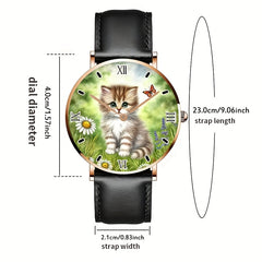 Unisex Kitten on Grass Analog Watch Minimalist Rose Golden Stainless Steel Band