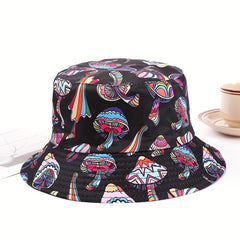 Cartoon Mushroom Print Bucket Hat Basin Hat Unisex Lightweight Fisherman Cap