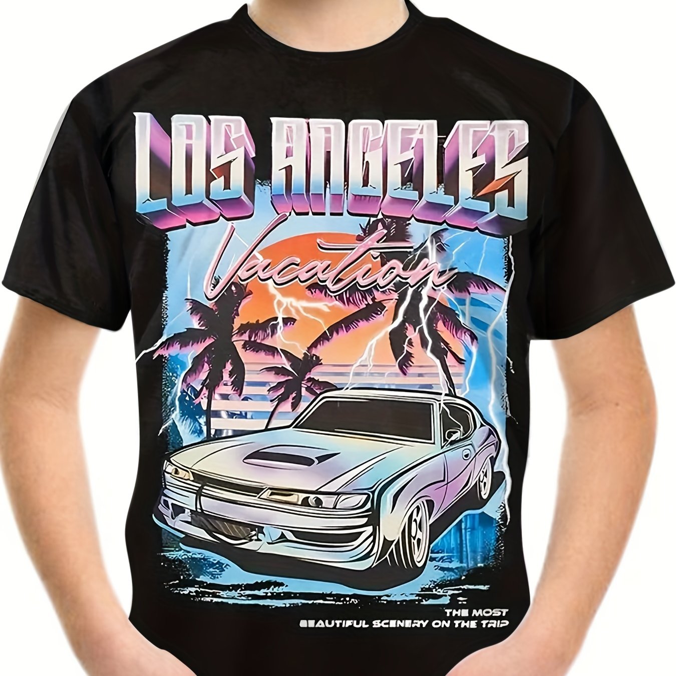 LA & Car Print Boys T-shirt Breathable & Stretchy Summer Casual Tee