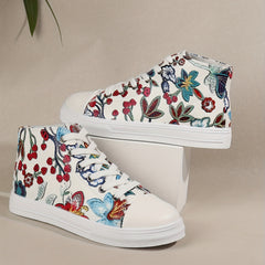 Flower Pattern Canvas Shoes Mid Top Lace Up Sneakers Lightweight Skate Shoes