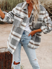 Plaid Button Down Long Sleeve Jacket Loose Lapel Plaid Jacket
