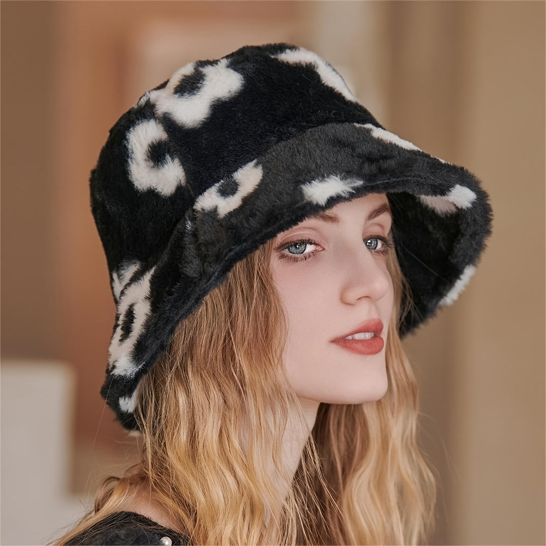 Winter Faux Fur Bucket Hat Flowers Floral Fluffy Fisherman Caps For Women