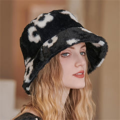 Winter Faux Fur Bucket Hat Flowers Floral Fluffy Fisherman Caps For Women