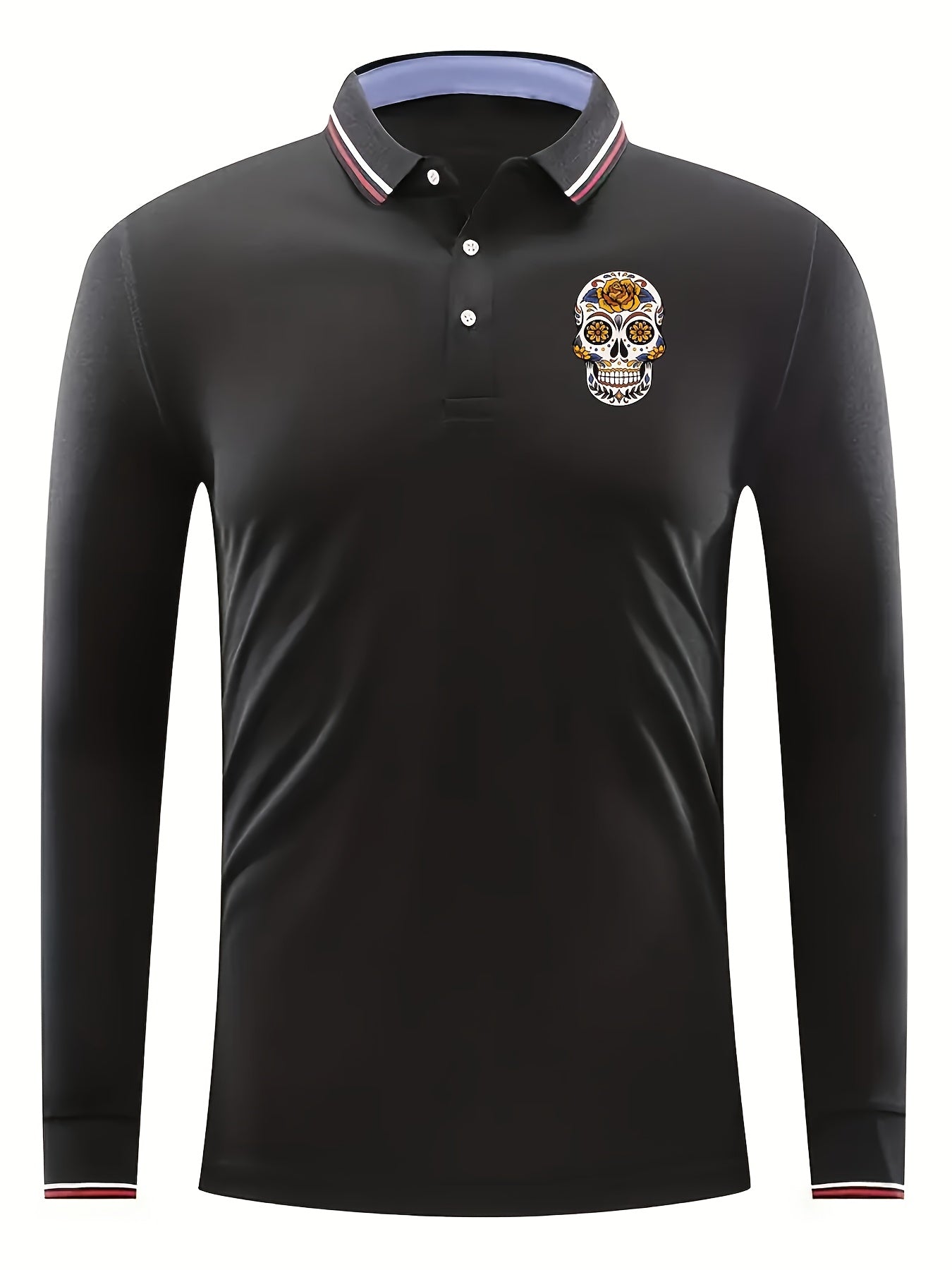 Skull Pattern Men's Long Sleeve Polo Shirt