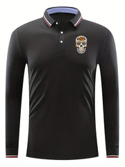 Skull Pattern Men's Long Sleeve Polo Shirt