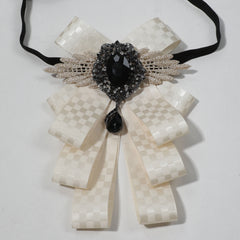Apricot Lace Bow Tie with Plaid Pattern for Women