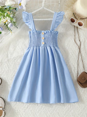 Girls' Ruffle Sleeveless Button Shirred Strappy Dress