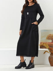 Solid Lace Long Sleeve Maxi Dress With Pockets