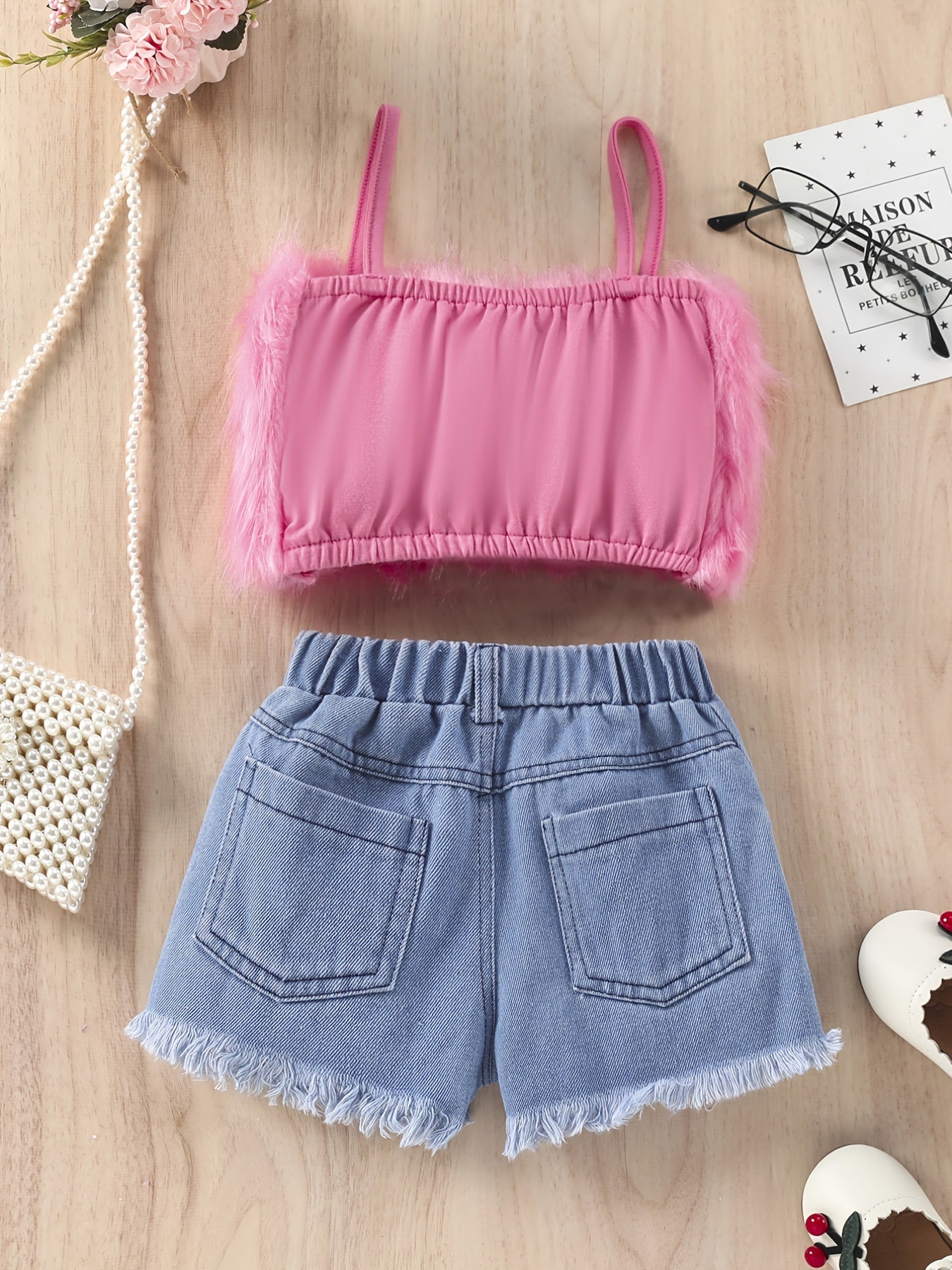 Y2K Plush Cami Top & Ribbed Denim Shorts Set - Summer Music Party
