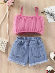 Y2K Plush Cami Top & Ribbed Denim Shorts Set - Summer Music Party