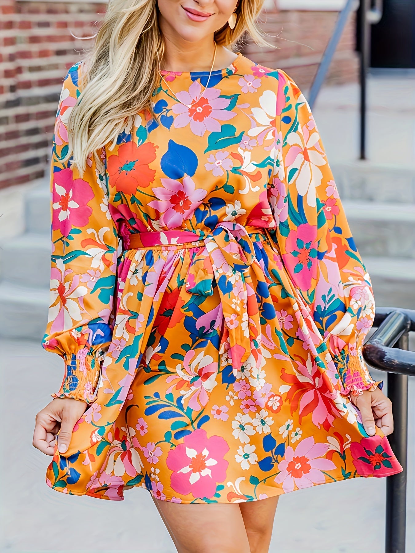 Women's Floral Print Lantern Sleeve Round Neck Dress