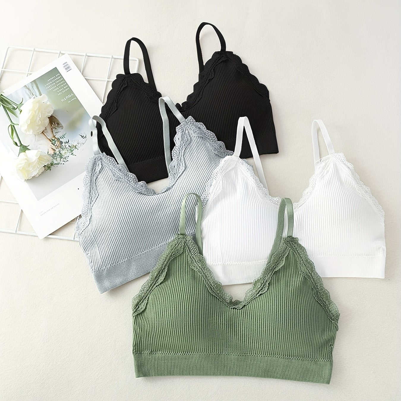 4pcs Girl's Lace Decor Ribbed Underwear Bralette For Teens 12-18 Years