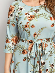 Floral Print Maxi Dress with Belt for Plus Size Women