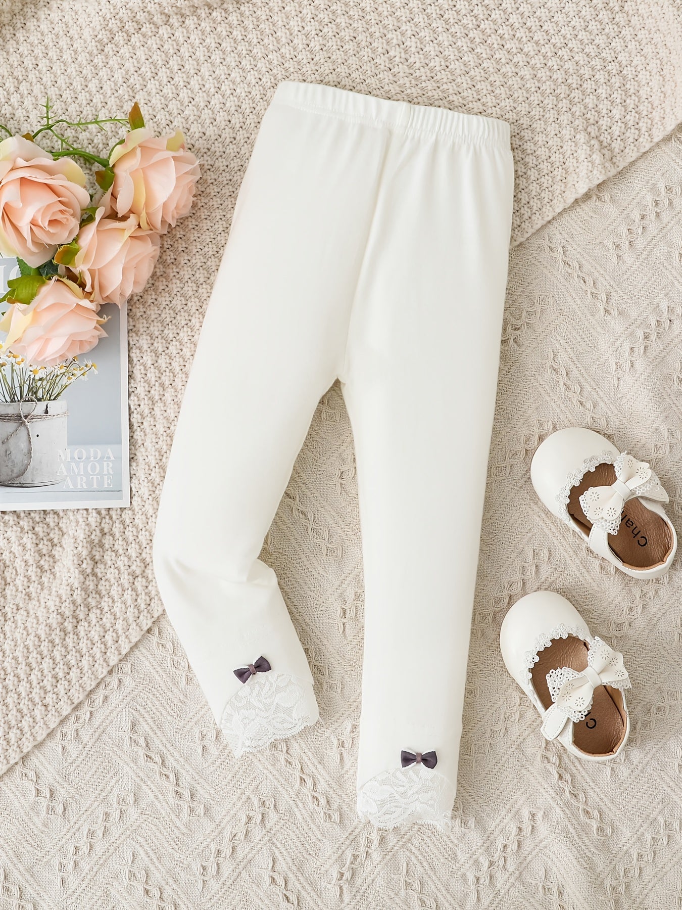 Girls Cotton Leggings with Lace Trim and Bowknot