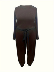 Solid Long Sleeve Crop Top & Wide Leg Joggers Outfit Set