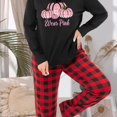 Pumpkin & Letter Print Pajama Set Long Sleeve Tee & Plaid Pants