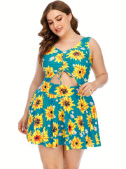 Floral Print Cut Out Drawstring One Piece Swimsuit