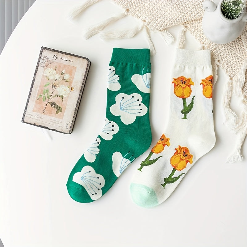 Floral Print Socks Women's Stockings, 2 Pairs