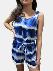 Tie Dye Drawstring Waist Romper Casual Sleeveless Jumpsuit