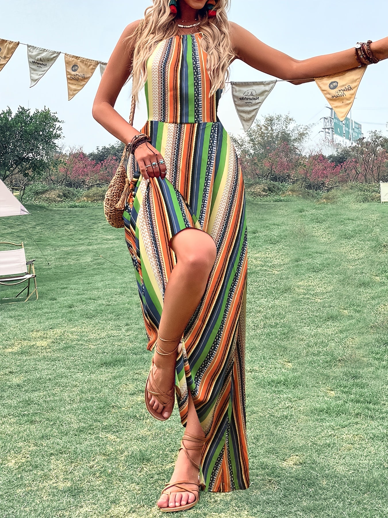 Striped Cut Out Cami Dress Ethnic Sleeveless Aline Maxi Length Dress