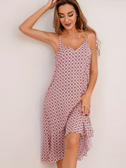 Floral Ruffle Lounge Dress V Neck Lace Up Slip Home Dress Women's Loungewear