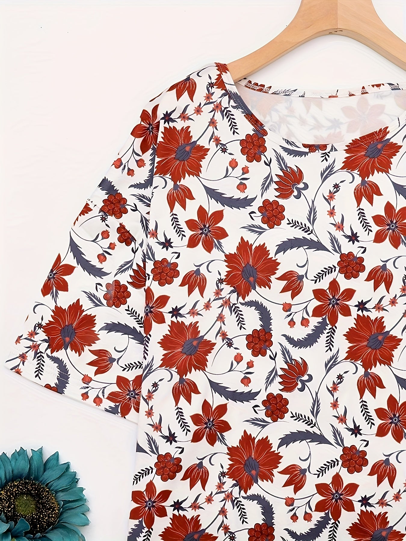 Boho Lounge Dress Floral Print Short Sleeve Round Neck High Stretch