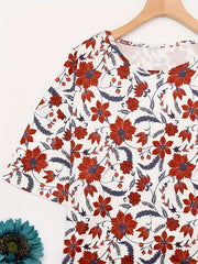 Boho Lounge Dress Floral Print Short Sleeve Round Neck High Stretch