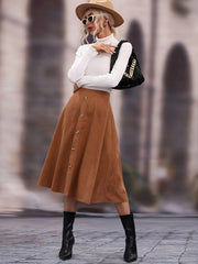 Faux Suede Long Skirt - High Waist Button Skirt