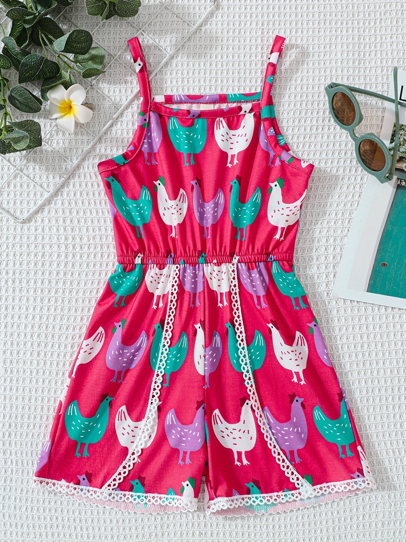 Girls' Chicken Farm Print Romper Jumpsuit
