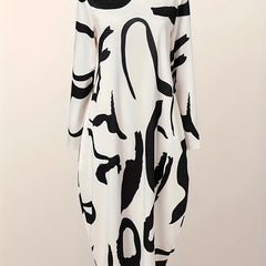 Graffiti Print Long Sleeve Round Neck Dress
