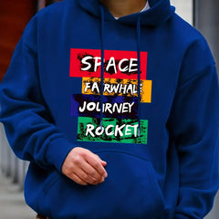 Space Rocket Letter Print Hoodie Men's Casual Graphic Pullover Hooded Sweatshirt