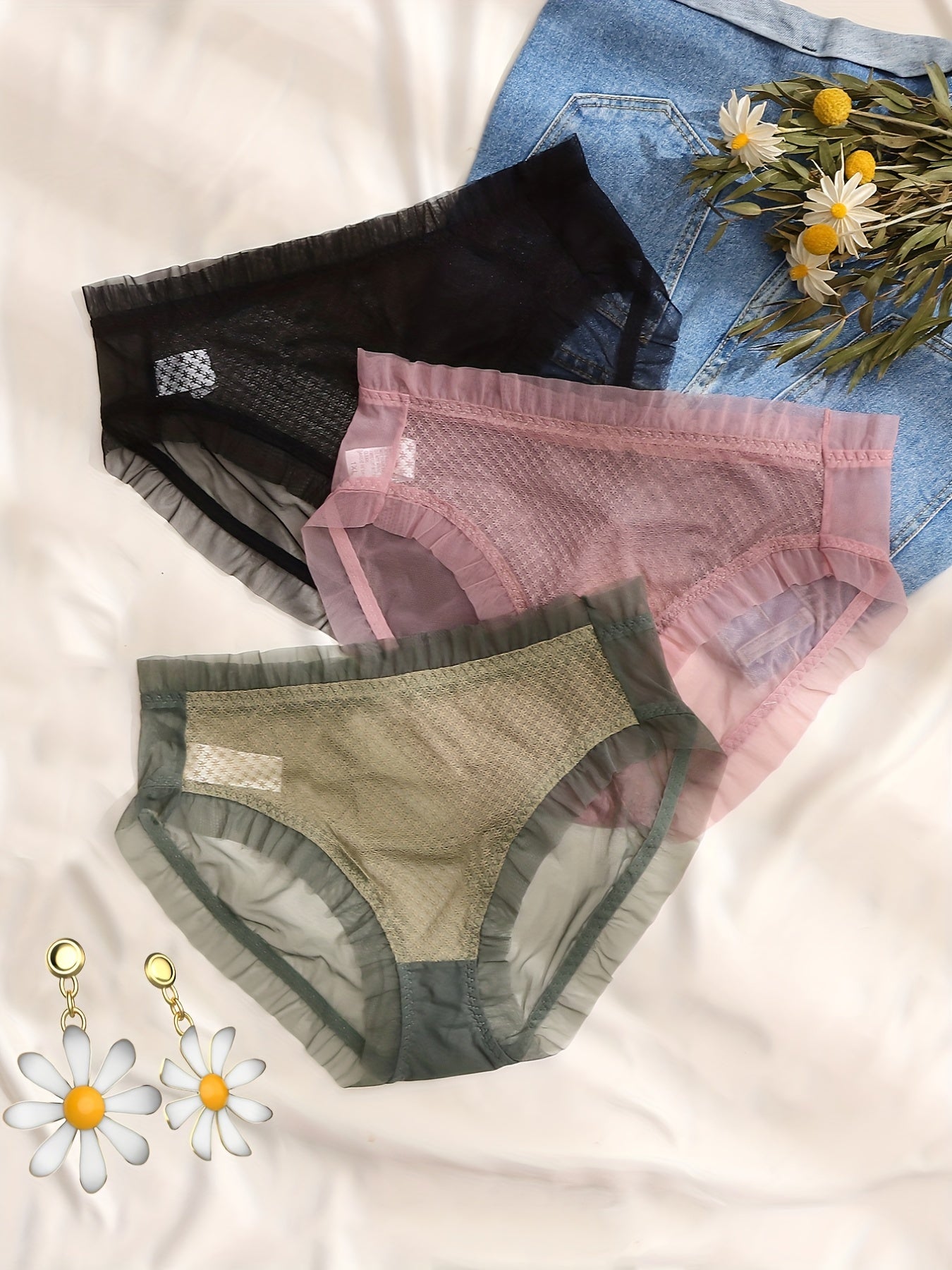 3 Pack Plus Size Sexy Panties Set Women's Plus Mesh Floral Trim Underwear