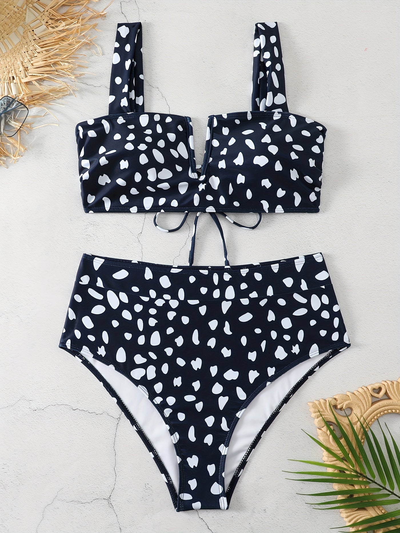 Retro Tankini Set Women's Plus Allover Print V Wired Lace Up Back Bra
