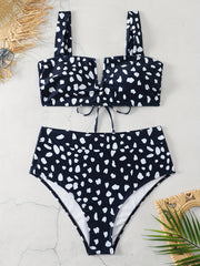 Retro Tankini Set Women's Plus Allover Print V Wired Lace Up Back Bra