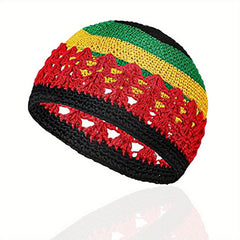 Red Block Knitted Turban Cap Warm Beanie Elastic Crochet Skull Hat
