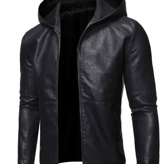 Men's PU Hooded Jacket Zip Up Faux Leather Jacket
