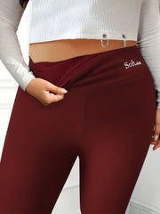 Casual Leggings Women's Plus Letter Print Liner Fleece High Rise