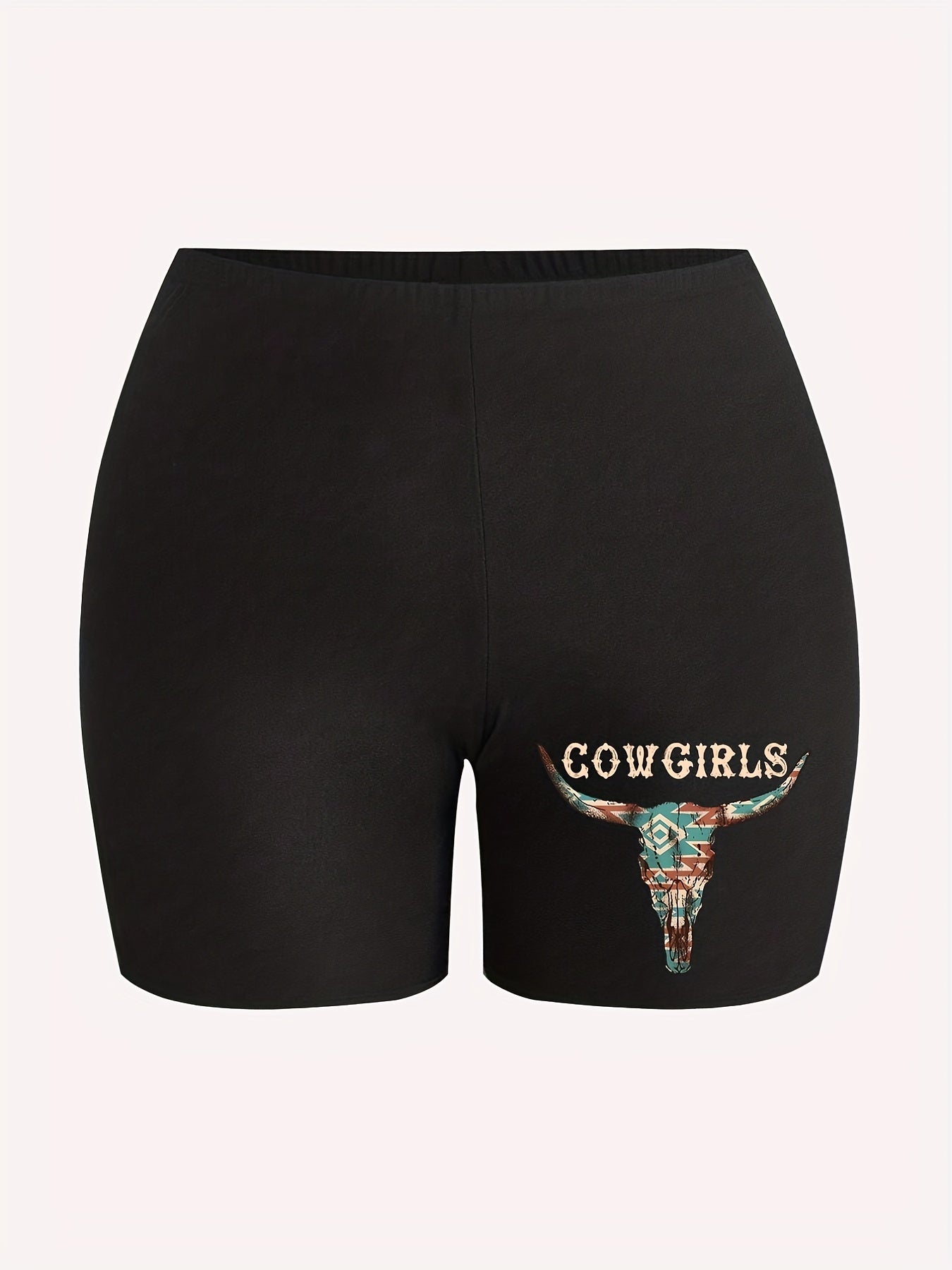 Sporty Plus Size Cow & Letter Print Slim Fit Legging Shorts