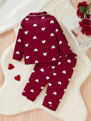 Girls' Cotton Heart Print Pajama Set V Neck Long Sleeve Shirt & Pants