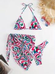 Halter Tie Back 3 Piece Swimsuit Set Bikini With Cover Up