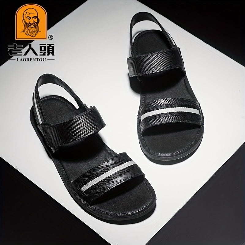 LAORENTOU Men's Leather Hook And Loop Sandals Non Slip Comfy Beach Shoes