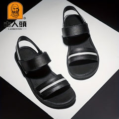 LAORENTOU Men's Leather Hook And Loop Sandals Non Slip Comfy Beach Shoes
