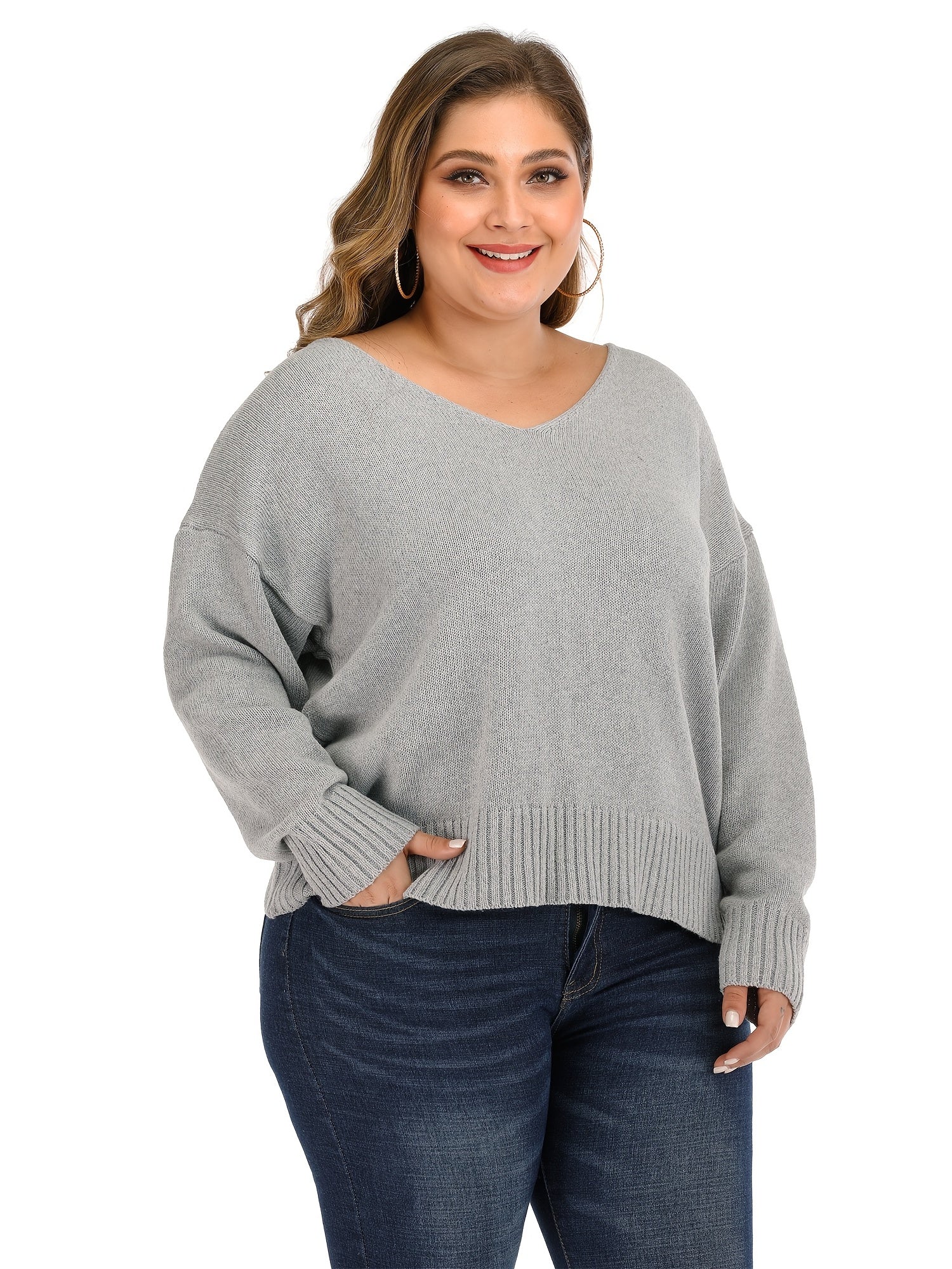 Solid V Neck Pullover Sweater Women's Plus Casual Sweater