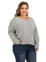 Solid V Neck Pullover Sweater Women's Plus Casual Sweater