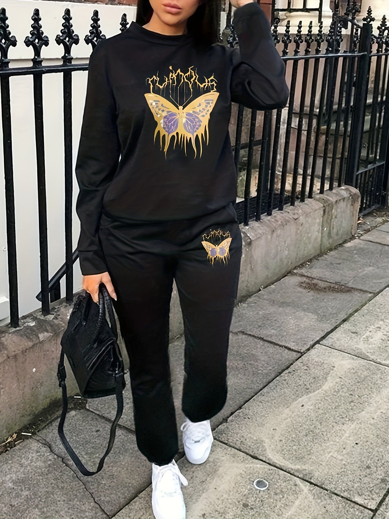 Butterfly Print Workout Set Crew Neck Long Sleeve Tops & Jogger Pants