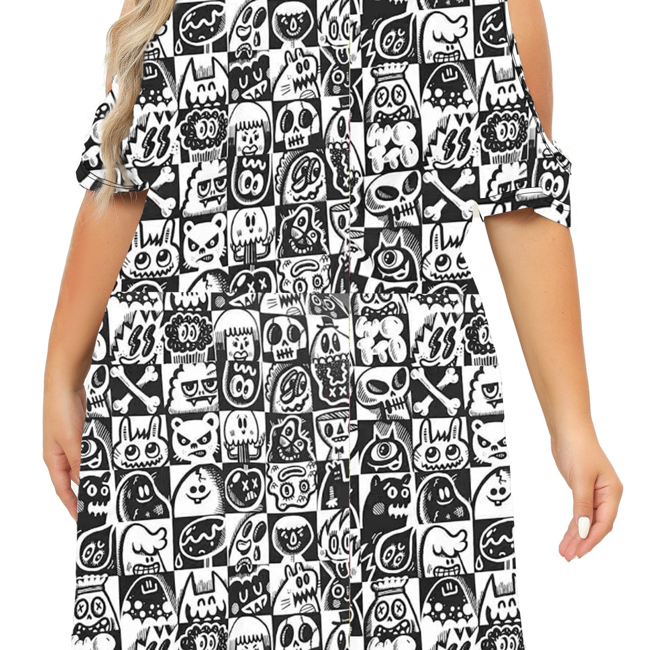 Cartoon Print Cold Shoulder Tee Sleep Dress