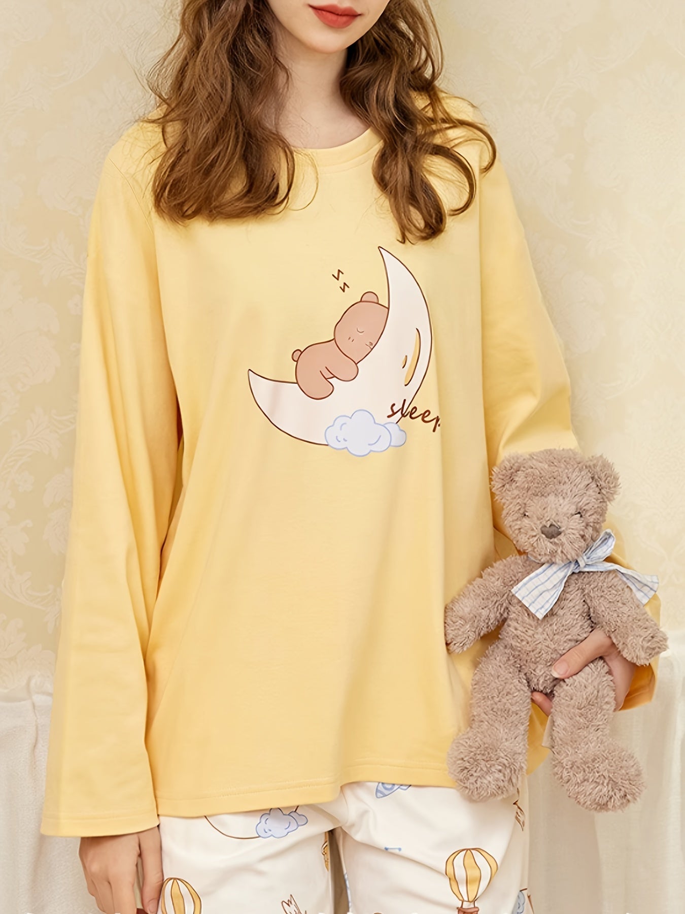 Cartoon Print Pajama Set Long Sleeve Crew Neck Top & Lounge Pants
