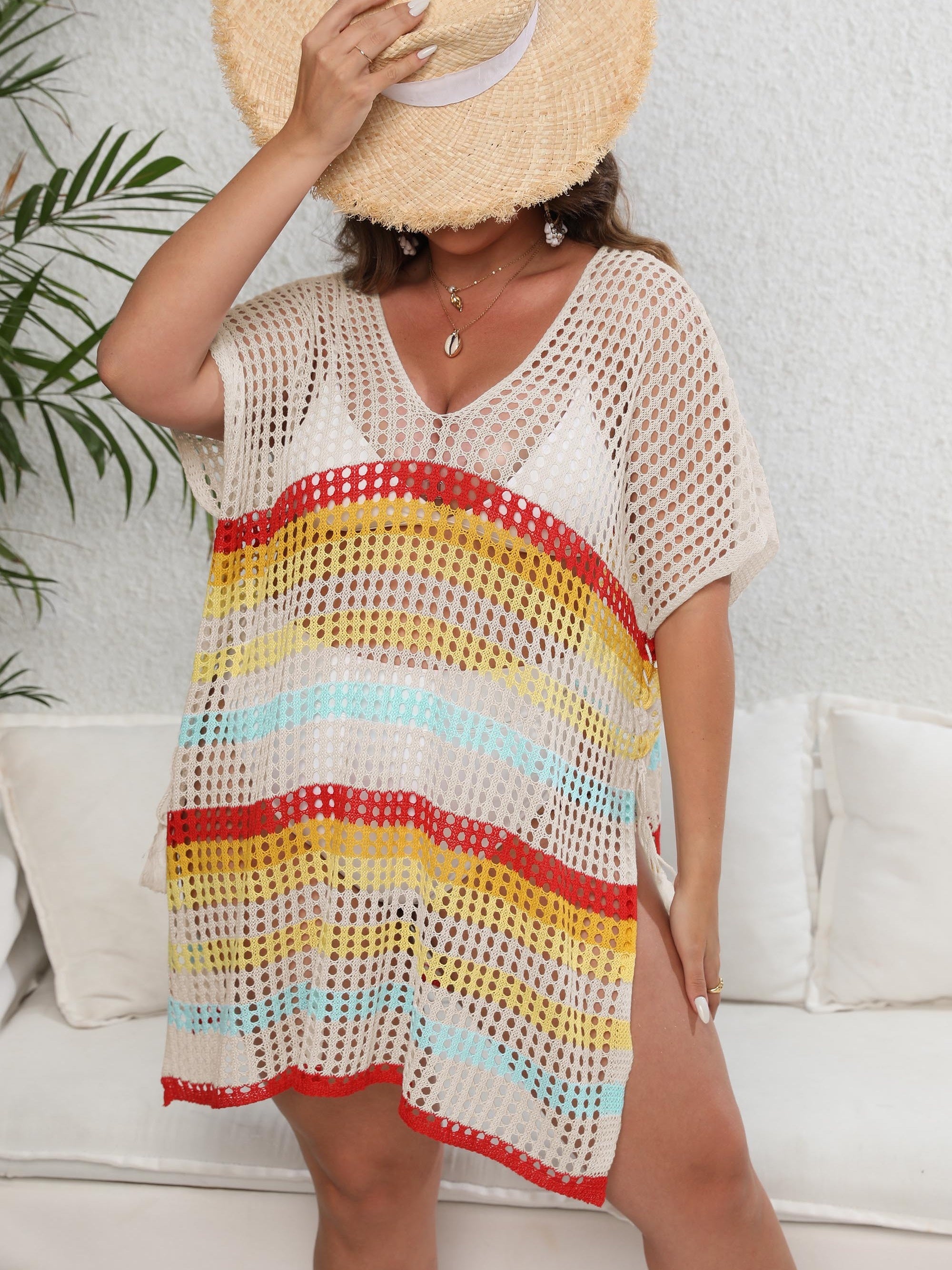 Striped Batwing Sleeve V Neck Beach Cover Up
